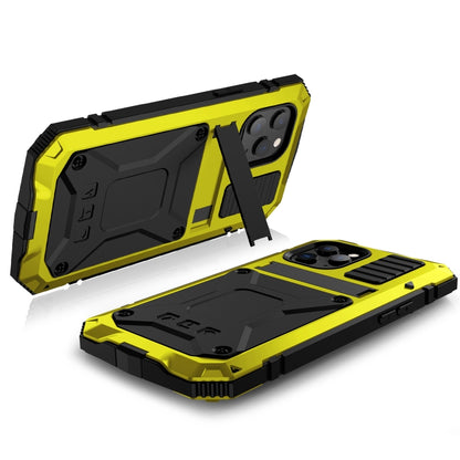 For iPhone 12 mini R-JUST Shockproof Waterproof Dust-proof Metal + Silicone Protective Case with Holder (Yellow) - iPhone 12 mini Cases by R-JUST | Online Shopping South Africa | PMC Jewellery