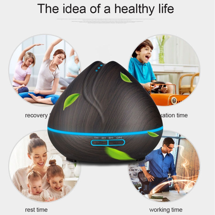 Peach Shape Wood Grain Remote Control Ultrasonic Humidifier Aromatherapy Machine Automatic Alcohol Sprayer with LED Lights, Capacity: 400mL, US Plug (Dark Wood Color) - free shipping - PMC TechLife - Order now!