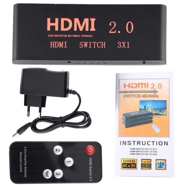 3X1 4K/60Hz HDMI 2.0 Switch with Remote Control, EU Plug - Switch by PMC Jewellery | Online Shopping South Africa | PMC Jewellery | Buy Now Pay Later Mobicred