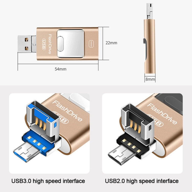 8GB USB 3.0 + 8 Pin + Mirco USB Android iPhone Computer Dual-use Metal Flash Drive (Gold) - U Disk & Card Reader by PMC Jewellery | Online Shopping South Africa | PMC Jewellery | Buy Now Pay Later Mobicred