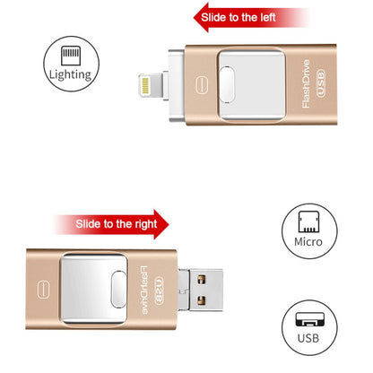 128GB USB 3.0 + 8 Pin + Mirco USB Android iPhone Computer Dual-use Metal Flash Drive (Gold) - U Disk & Card Reader by PMC Jewellery | Online Shopping South Africa | PMC Jewellery | Buy Now Pay Later Mobicred