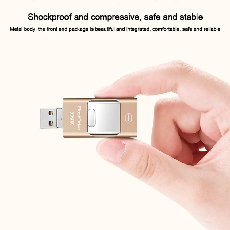 128GB USB 3.0 + 8 Pin + Mirco USB Android iPhone Computer Dual-use Metal Flash Drive (Gold) - U Disk & Card Reader by PMC Jewellery | Online Shopping South Africa | PMC Jewellery | Buy Now Pay Later Mobicred