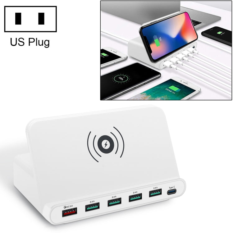 828W 7 in 1 60W QC 3.0 USB Interface + 4 USB Ports + USB-C / Type-C Interface + Wireless Charging Multi-function Charger with Mobile Phone Holder Function, US Plug(White) - Multifunction Charger by PMC Jewellery | Online Shopping South Africa | PMC Jewellery | Buy Now Pay Later Mobicred