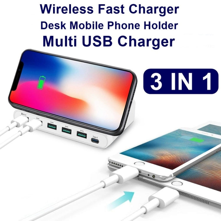 828W 7 in 1 60W QC 3.0 USB Interface + 4 USB Ports + USB-C / Type-C Interface + Wireless Charging Multi-function Charger with Mobile Phone Holder Function, US Plug(White) - Multifunction Charger by PMC Jewellery | Online Shopping South Africa | PMC Jewellery | Buy Now Pay Later Mobicred