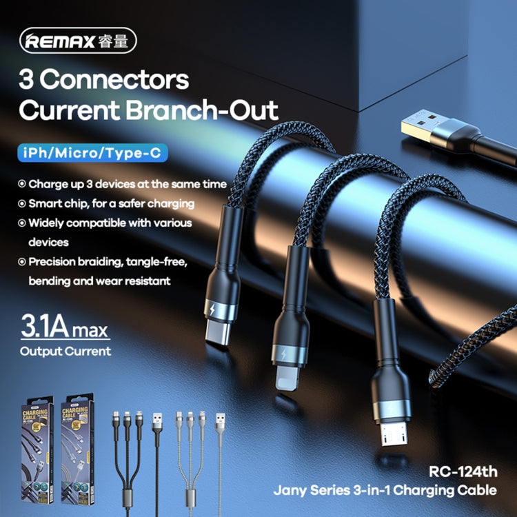 REMAX RC-124th Jany Series 3.1A 3 in 1 USB to Type-C + 8 Pin + Micro USB Charging Cable, Cable Length: 1.2m(Black) - Multifunction Cable by REMAX | Online Shopping South Africa | PMC Jewellery | Buy Now Pay Later Mobicred