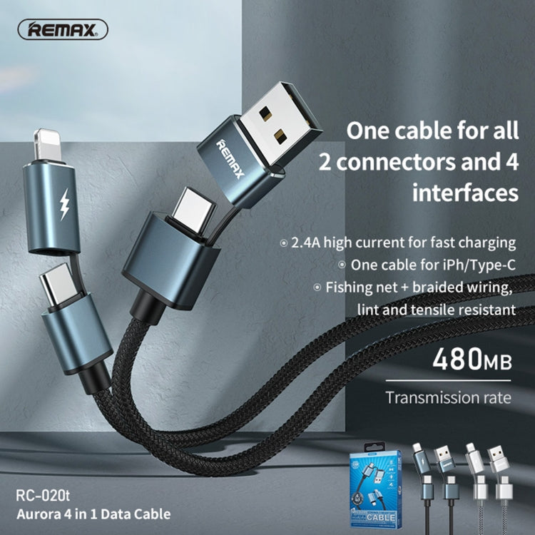 REMAX RC-020t 2.4A Aurora Series 4 in 1 8 Pin + USB +2 x Type-C Data Snyc Charging Cable, Cable Length: 1m(Black) - Multifunction Cable by REMAX | Online Shopping South Africa | PMC Jewellery | Buy Now Pay Later Mobicred