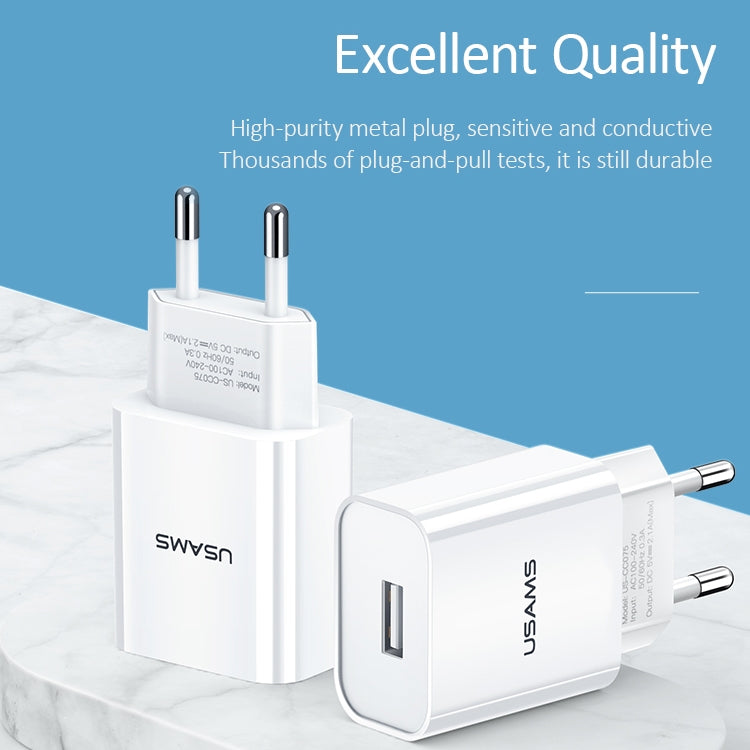 USAMS US-CC075 T18 2.1A Single USB Travel Charger, EU Plug (White) - USB Charger by USAMS | Online Shopping South Africa | PMC Jewellery | Buy Now Pay Later Mobicred