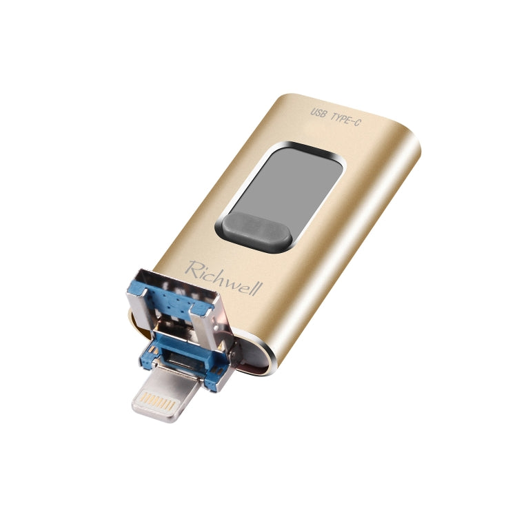 Richwell 3 in 1 16G Type-C + 8 Pin + USB 3.0 Metal Push-pull Flash Disk with OTG Function(Gold) - U Disk & Card Reader by Richwell | Online Shopping South Africa | PMC Jewellery | Buy Now Pay Later Mobicred