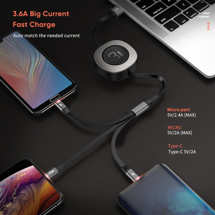 ROCK G3 5V 3.6A 3 in 1 8 Pin + Micro USB + USB-C / Type-C Retractable Fast Charging Data Cable, The Maximum Length: 1.2m(Black) - Multifunction Cable by ROCK | Online Shopping South Africa | PMC Jewellery | Buy Now Pay Later Mobicred