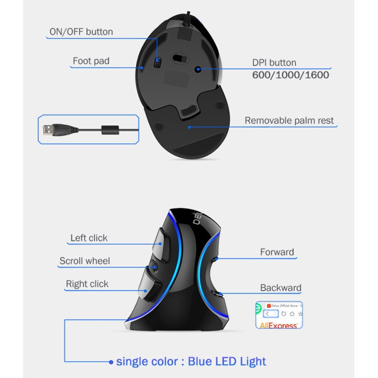 DELUX M618 Plus Wired Blue Version Optical Mouse Ergonomic Vertical Mouse 1600DPI - free shipping - PMC Jewellery - Order now!