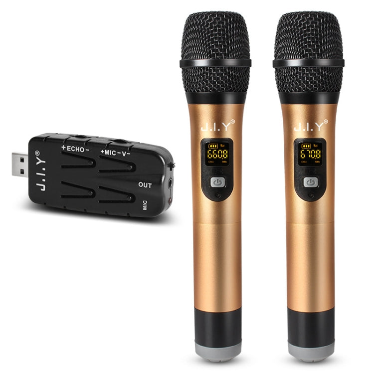 J.I.Y 2 in 1 K Song Wireless Microphones for TV PC with Audio Card USB Receiver and LED Display (Gold) - Microphone by PMC Jewellery | Online Shopping South Africa | PMC Jewellery | Buy Now Pay Later Mobicred