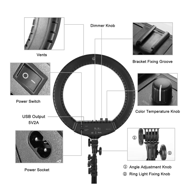 MANTOO RL-18 II 100-240V 55W 18 inch Two-color Dimmable Ring Fill Light with Tripod - free shipping - PMC Jewellery - Order now!