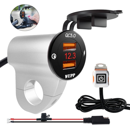 WUPP ZH-975A3 Motorcycle Aluminum Alloy Waterproof Mobile Phone Double QC3.0 Quick Charging Charger with Voltmeter(Silver) - Battery Charger by WUPP | Online Shopping South Africa | PMC Jewellery | Buy Now Pay Later Mobicred