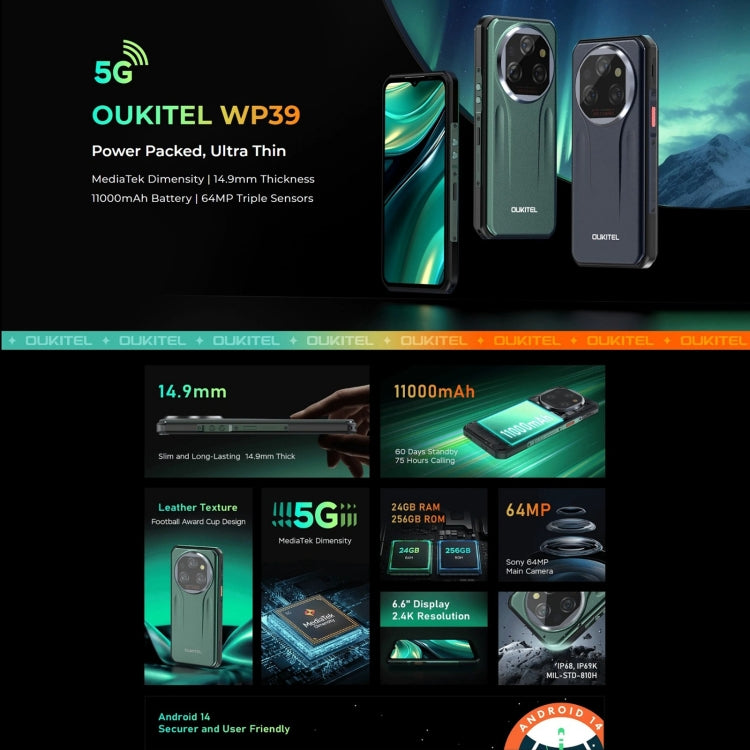 [HK Warehouse] Oukitel WP39 5G Rugged Phone, 6GB+256GB, Night Vision, Fingerprint Identification, 6.6 inch MediaTek Dimensity 6100+ Octa Core, NFC, OTG, Network: 5G (Black) - Other by OUKITEL | Online Shopping South Africa | PMC Jewellery | Buy Now Pay Later Mobicred