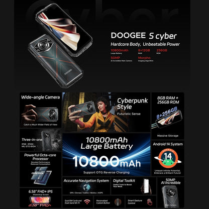 [HK Warehouse] DOOGEE S Cyber, 8GB+256GB, 6.58 inch Android 14 Spreadtrum T606 Octa Core, Network: 4G, OTG, NFC (Black Silver) - DOOGEE by DOOGEE | Online Shopping South Africa | PMC Jewellery | Buy Now Pay Later Mobicred