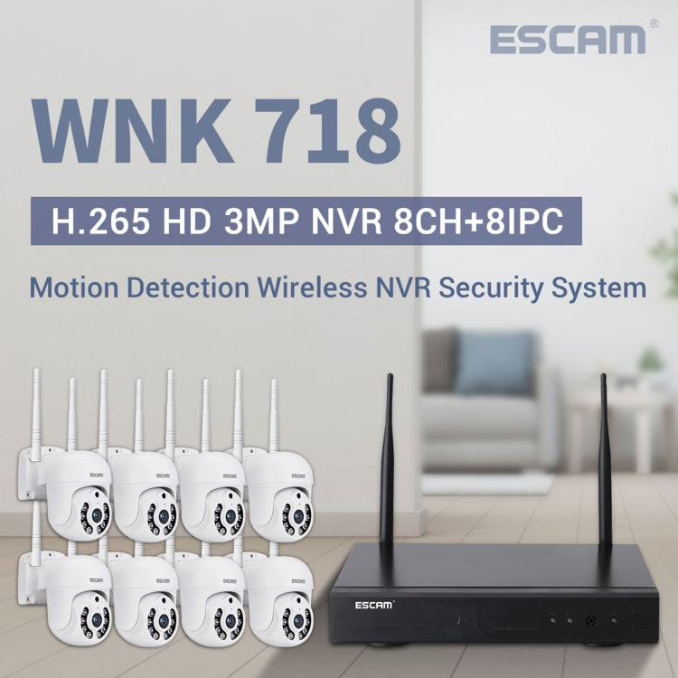 ESCAM WNK718 HD 3.0 Million Pixels 8-channel Wireless + 8IPC Wireless NVR Security System, EU Plug - Dome Camera by ESCAM | Online Shopping South Africa | PMC Jewellery | Buy Now Pay Later Mobicred