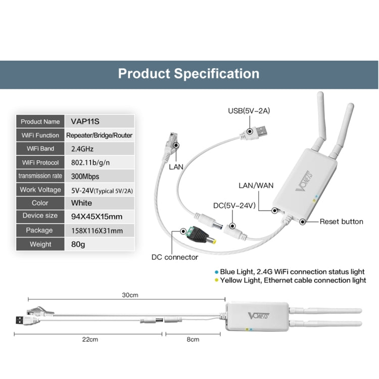 VONETS VAP11S 2.4G Mini Wireless Bridge 300Mbps WiFi Repeater with 2 Antennas - Network Hardware by VONETS | Online Shopping South Africa | PMC Jewellery | Buy Now Pay Later Mobicred