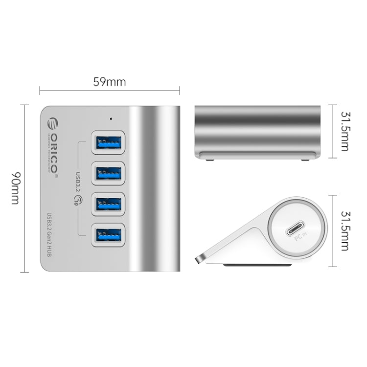 ORICO M3U4 Aluminum Alloy 4-Port USB 3.2 Gen1 10Gbps HUB (Silver) - USB 3.0 HUB by ORICO | Online Shopping South Africa | PMC Jewellery | Buy Now Pay Later Mobicred