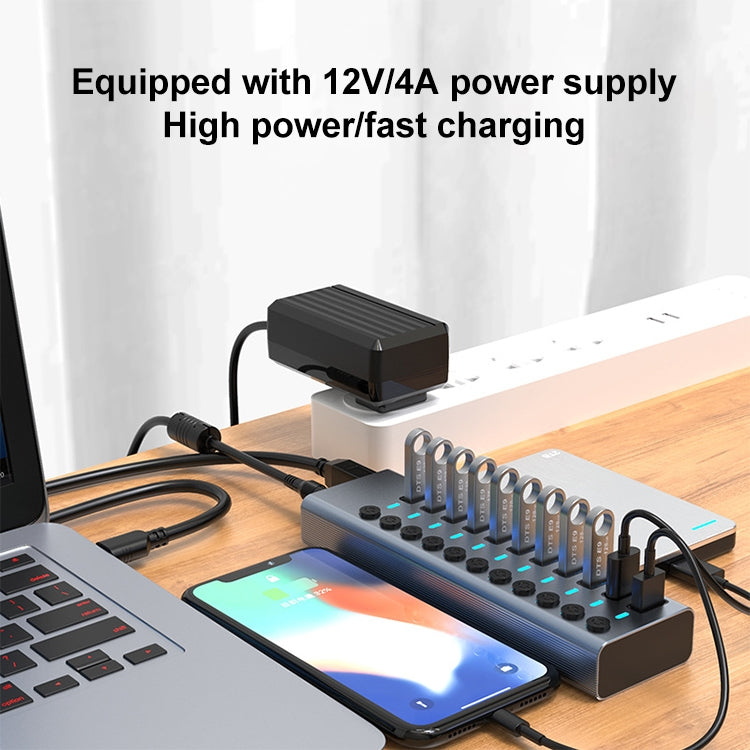 11 in 1 USB 3.0 HUB Splitter with Independent Switch & 12V 4A Power Supply - USB 3.0 HUB by PMC Jewellery | Online Shopping South Africa | PMC Jewellery | Buy Now Pay Later Mobicred