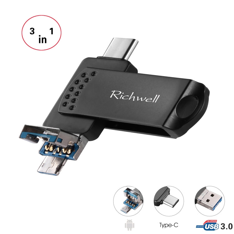 Richwell 3 in 1 128G Type-C + Micro USB + USB 3.0 Metal Flash Disk with OTG Function(Black) - U Disk & Card Reader by Richwell | Online Shopping South Africa | PMC Jewellery | Buy Now Pay Later Mobicred