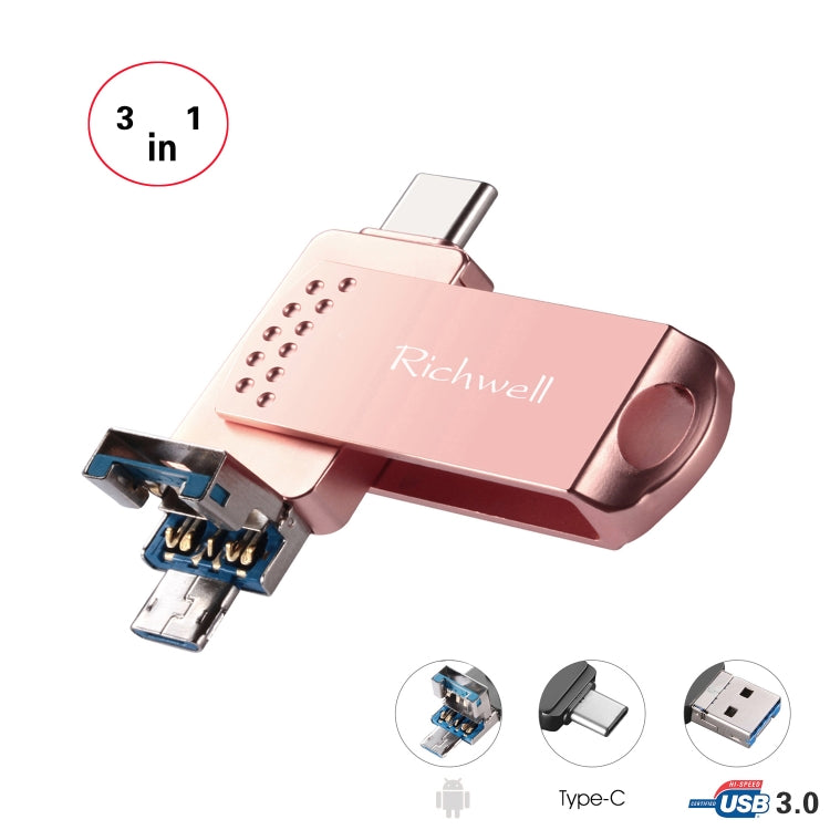Richwell 3 in 1 128G Type-C + Micro USB + USB 3.0 Metal Flash Disk with OTG Function(Rose Gold) - free shipping - PMC Jewellery - Order now!