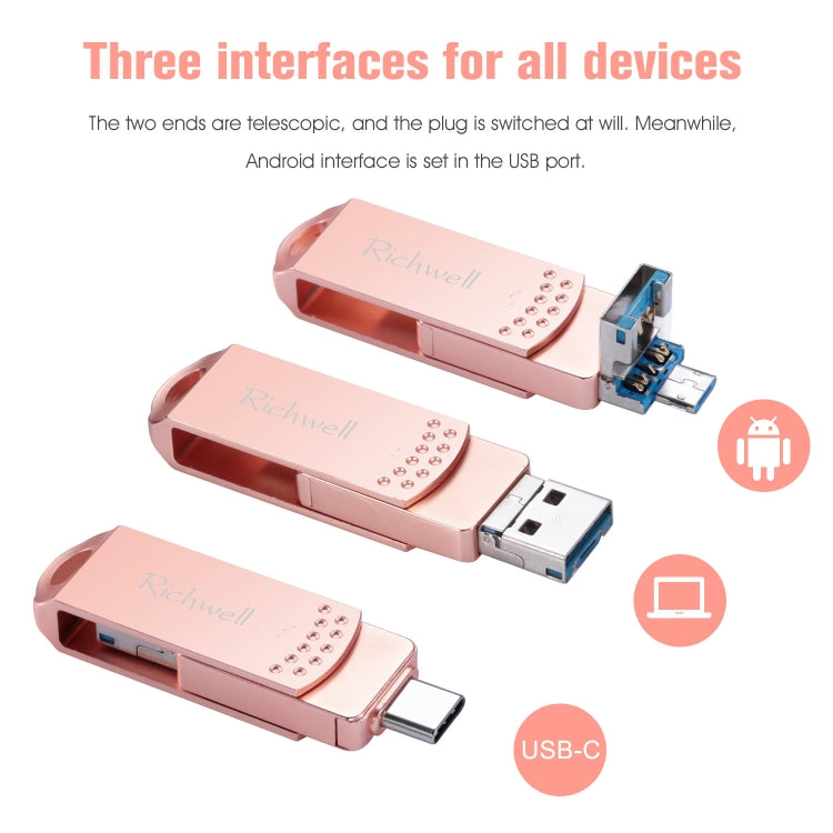 Richwell 3 in 1 128G Type-C + Micro USB + USB 3.0 Metal Flash Disk with OTG Function(Rose Gold) - free shipping - PMC Jewellery - Order now!