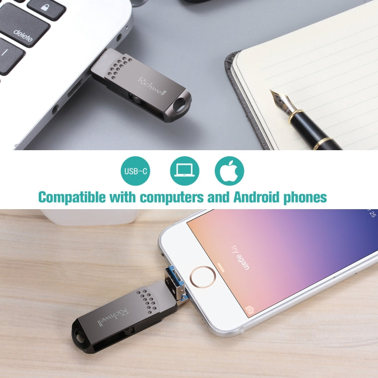 Richwell 128G Type-C + 8 Pin + USB 3.0 Metal Flash Disk with OTG Function(Silver) - free shipping - PMC Jewellery - Order now!