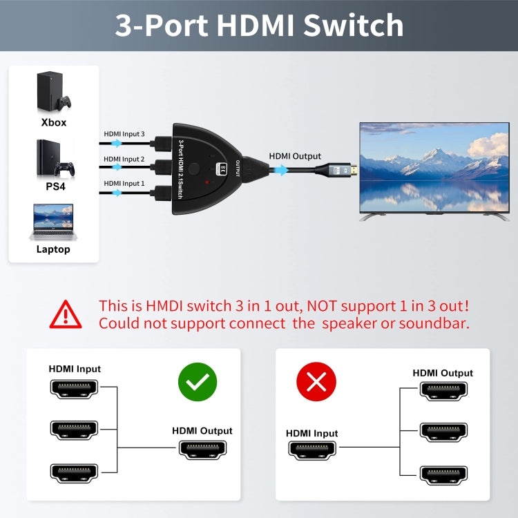 3 Port HDMI 8K Switcher Selector Box with Pigtail Cable (Black) - Switch by PMC Jewellery | Online Shopping South Africa | PMC Jewellery
