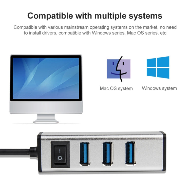 USB to 4 USB 3.0 Ports Aluminum Alloy HUB with Switch(Silver) - USB 3.0 HUB by PMC TechLife | Online Shopping South Africa | PMC TechLife | Buy Now Pay Later Mobicred