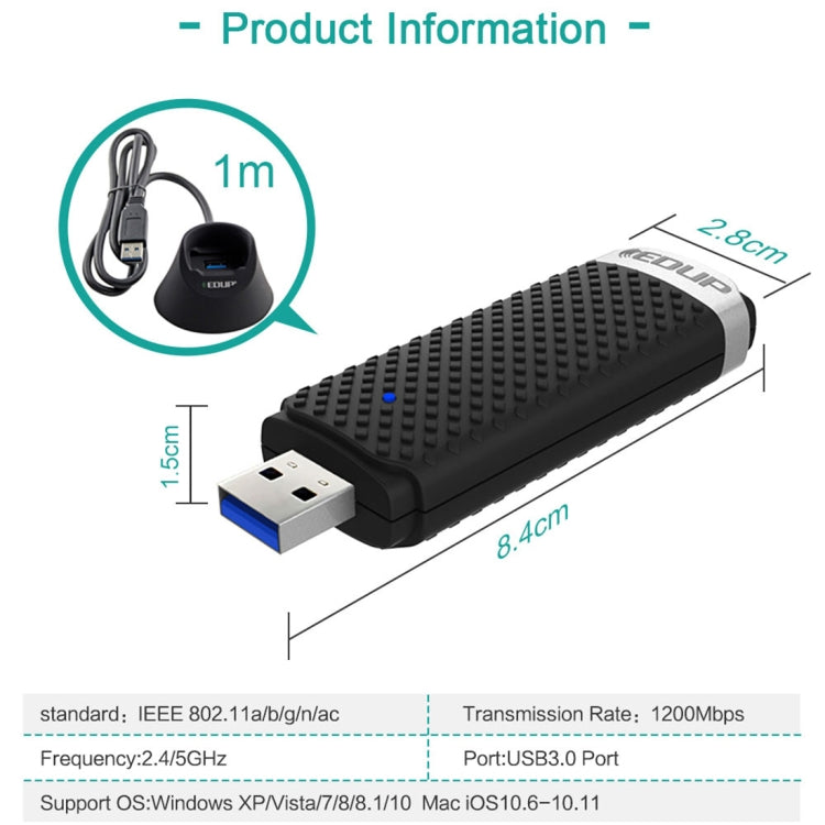 EDUP EP-AC1609 1200Mbps High Speed USB 3.0 WiFi Adapter Receiver Ethernet Adapter with 1m Extend Cable & Base - USB Network Adapter by EDUP | Online Shopping South Africa | PMC Jewellery | Buy Now Pay Later Mobicred