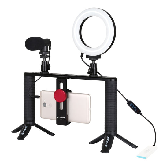 PULUZ 4 in 1 Vlogging Live Broadcast 4.7 inch 12cm Ring LED Selfie Light Smartphone Video Rig Handle Stabilizer Aluminum Bracket Kits with Microphone + Tripod Mount + Cold Shoe Tripod Head - Camera Cage by PULUZ | Online Shopping South Africa | PMC Jewellery | Buy Now Pay Later Mobicred