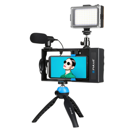 PULUZ 4 in 1 Bluetooth Handheld Vlogging Live Broadcast LED Selfie Light Smartphone Video Rig Kits with Microphone + Tripod Mount + Cold Shoe Tripod Head for iPhone, Galaxy, Huawei, Xiaomi, HTC, LG, Google, and Other Smartphones(Blue) - Camera Cage by PULUZ | Online Shopping South Africa | PMC Jewellery | Buy Now Pay Later Mobicred