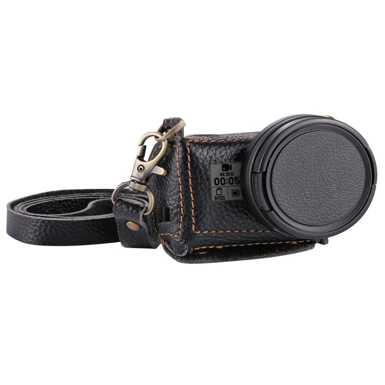 PULUZ for GoPro HERO7 Black /6 /5 Litchi Texture Genuine Leather Housing Case with Set Key Hole & Neck Strap & 52mm UV Lens(Black) - Leather Cases by PULUZ | Online Shopping South Africa | PMC Jewellery | Buy Now Pay Later Mobicred