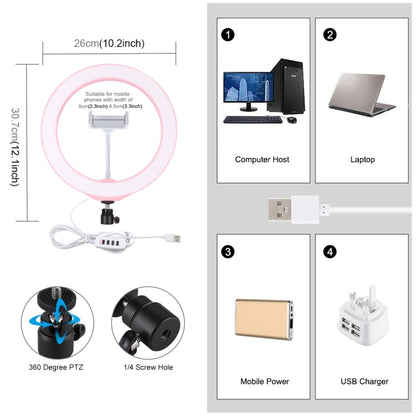 PULUZ 10.2 inch 26cm USB 3 Modes Dimmable LED Ring Vlogging Selfie Beauty Photography Video Lights with Tripod Ball Head & Phone Clamp(Pink) - Ring Light by PULUZ | Online Shopping South Africa | PMC Jewellery | Buy Now Pay Later Mobicred