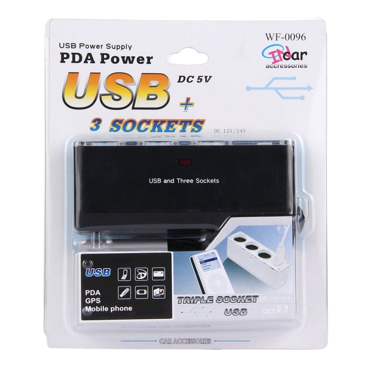 WF-0096 Triple Socket 12V/24V Car Cigarette Lighter USB Power(Black) - Cigar Socket by PMC Jewellery | Online Shopping South Africa | PMC Jewellery | Buy Now Pay Later Mobicred