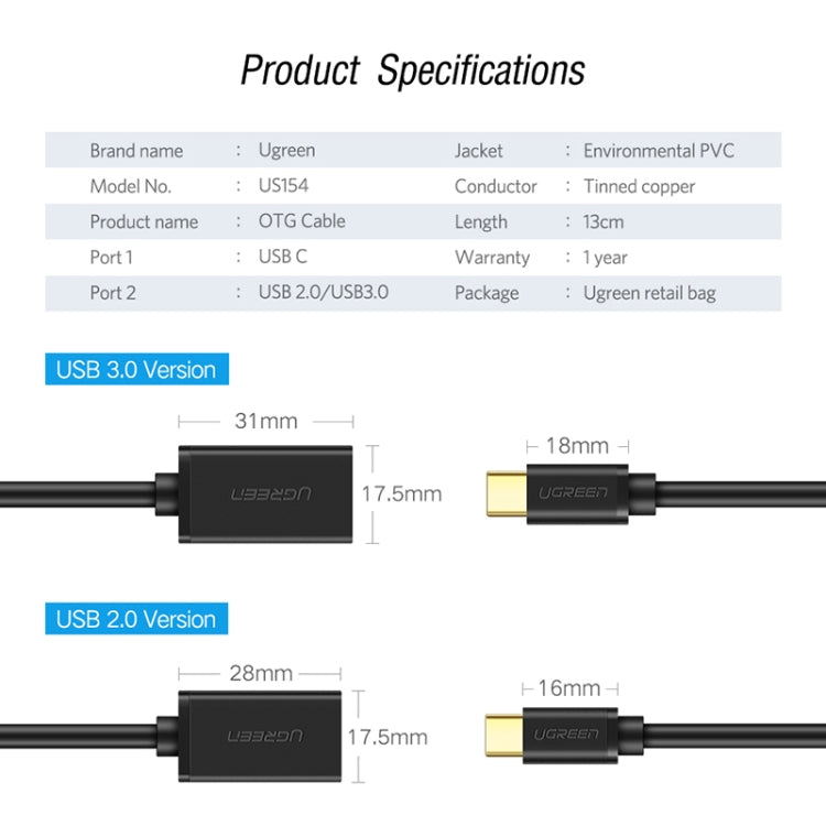 UGREEN 13cm USB 3.0 Female to USB-C / Type-C Male OTG Converter Adapter Cable (White) - OTG Adapter by UGREEN | Online Shopping South Africa | PMC Jewellery | Buy Now Pay Later Mobicred