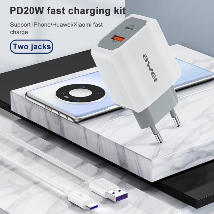 awei PD4 20W PD Type-C + QC 3.0 USB Interface Fast Charging Travel Charger with Data Cable, EU Plug - USB Charger by awei | Online Shopping South Africa | PMC Jewellery | Buy Now Pay Later Mobicred