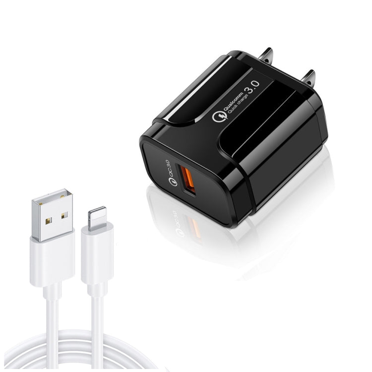 LZ-023 18W QC 3.0 USB Portable Travel Charger + 3A USB to 8 Pin Data Cable, US Plug(Black) - USB Charger by PMC Jewellery | Online Shopping South Africa | PMC Jewellery | Buy Now Pay Later Mobicred