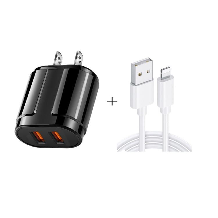 Dual USB Portable Travel Charger + 1 Meter USB to 8 Pin Data Cable, US Plug(Black) - Normal Style Cable by PMC Jewellery | Online Shopping South Africa | PMC Jewellery | Buy Now Pay Later Mobicred