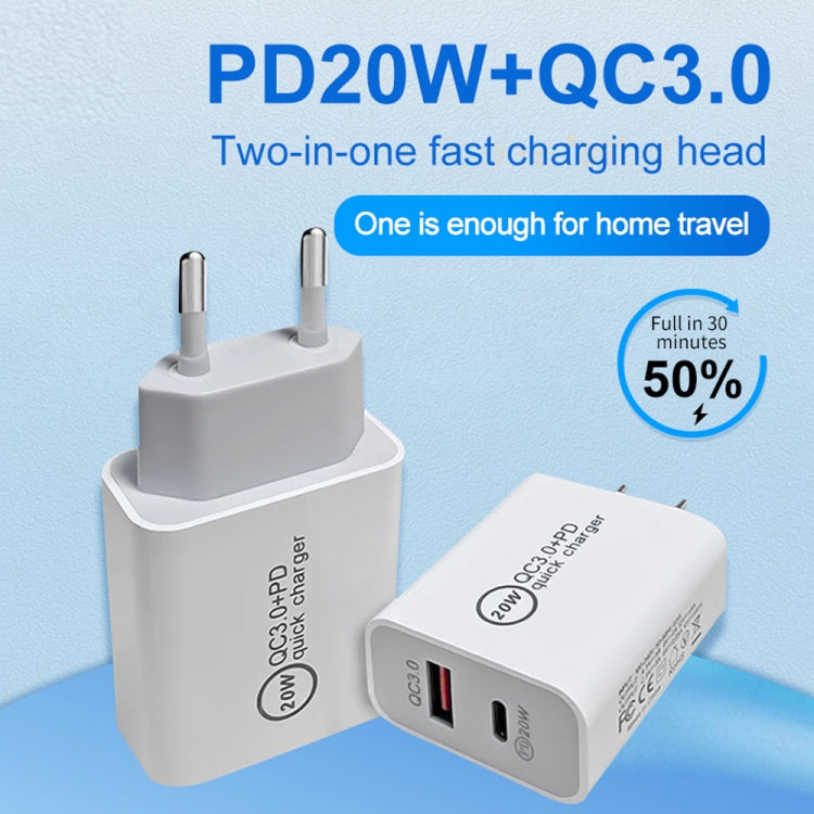 20W PD Type-C + QC 3.0 USB Interface Fast Charging Travel Charger with USB to 8 Pin Fast Charge Data Cable US Plug - free shipping - PMC Jewellery - Order now!