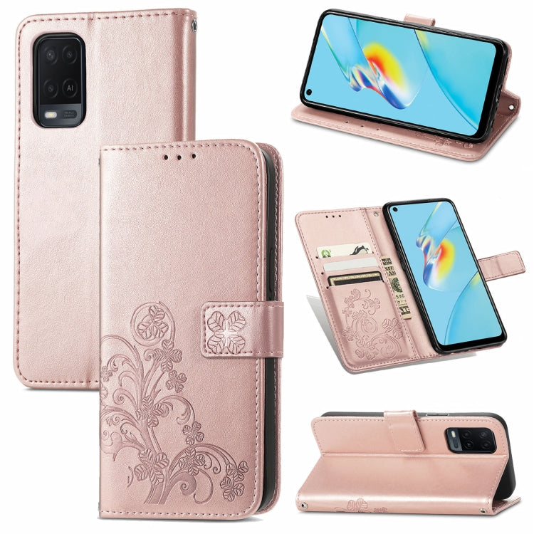 For OPPO A54  4G Four-leaf Clasp Embossed Buckle Mobile Phone Protection Leather Case with Lanyard & Card Slot & Wallet & Bracket Function(Rose Gold) - OPPO Cases by PMC Jewellery | Online Shopping South Africa | PMC Jewellery