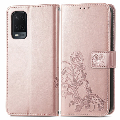 For OPPO A54  4G Four-leaf Clasp Embossed Buckle Mobile Phone Protection Leather Case with Lanyard & Card Slot & Wallet & Bracket Function(Rose Gold) - OPPO Cases by PMC Jewellery | Online Shopping South Africa | PMC Jewellery