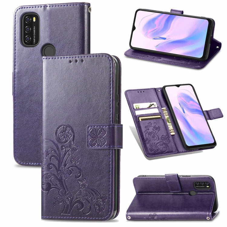 For Blackview A70 Four-leaf Clasp Embossed Buckle Mobile Phone Protection Leather Case with Lanyard & Card Slot & Wallet & Bracket Function(Purple) - More Brand by PMC Jewellery | Online Shopping South Africa | PMC Jewellery | Buy Now Pay Later Mobicred