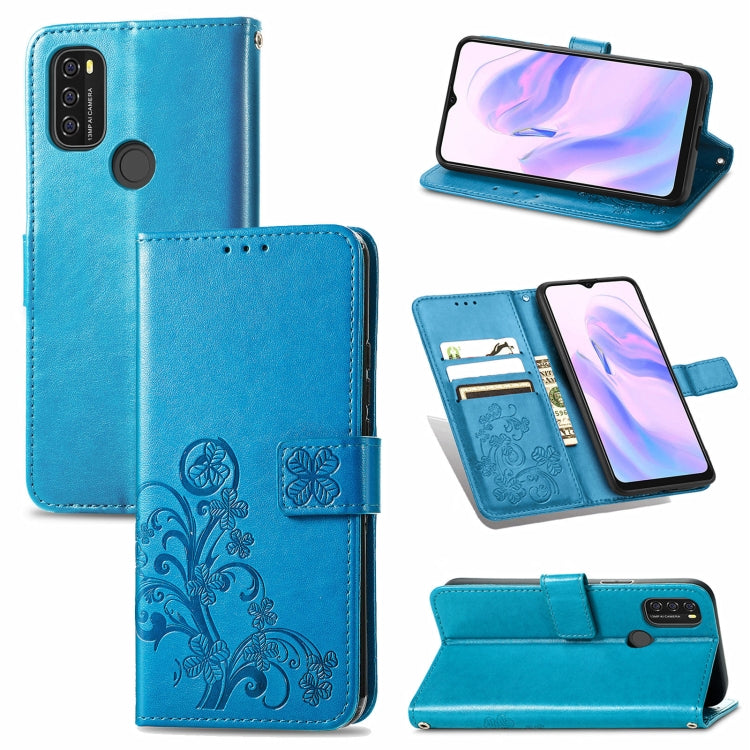 For Blackview A70 Four-leaf Clasp Embossed Buckle Mobile Phone Protection Leather Case with Lanyard & Card Slot & Wallet & Bracket Function(Blue) - More Brand by PMC Jewellery | Online Shopping South Africa | PMC Jewellery | Buy Now Pay Later Mobicred