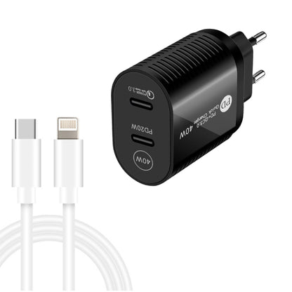 40W Dual Port PD / Type-C Fast Charger with Type-C to 8 Pin Data Cable, EU Plug(Black) - USB Charger by PMC Jewellery | Online Shopping South Africa | PMC Jewellery | Buy Now Pay Later Mobicred