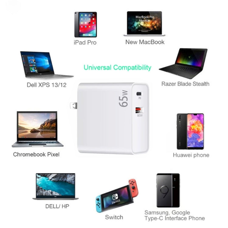 PD-65W USB-C / Type-C + QC3. 0 USB Laptop Charging Adapter + 1.8m USB-C / Type-C to MagSafe 2 / T Head Data Cable, EU Plug / US Plug(Black) - Cable & Adapter by PMC Jewellery | Online Shopping South Africa | PMC Jewellery | Buy Now Pay Later Mobicred