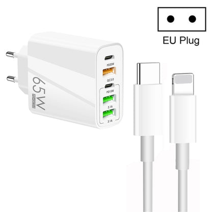 65W Dual PD Type-C + 3 x USB Multi Port Charger with 3A Type-C to 8 Pin Data Cable, EU Plug(White) - USB Charger by PMC Jewellery | Online Shopping South Africa | PMC Jewellery | Buy Now Pay Later Mobicred