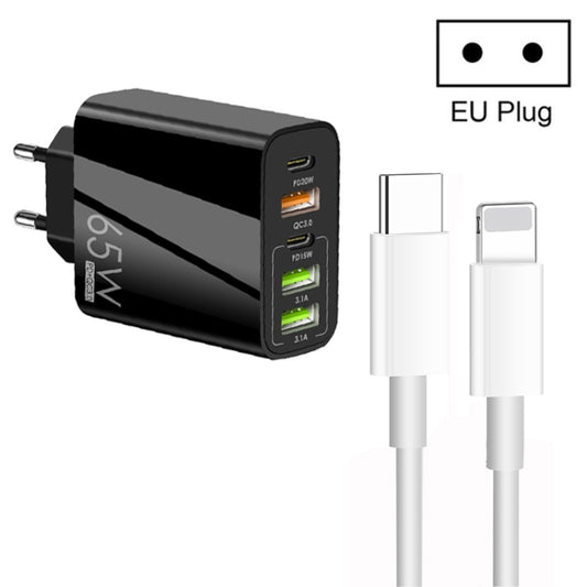 65W Dual PD Type-C + 3 x USB Multi Port Charger with 3A Type-C to 8 Pin Data Cable, EU Plug(Black) - USB Charger by PMC Jewellery | Online Shopping South Africa | PMC Jewellery | Buy Now Pay Later Mobicred