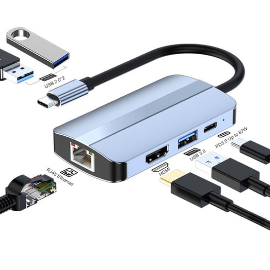 JUNSUNMAY 6 in 1 Type-C to 4K HDMI / Ethernet Docking Station Adapter USB-C Hub Multiport Converter - USB HUB by JUNSUNMAY | Online Shopping South Africa | PMC Jewellery | Buy Now Pay Later Mobicred