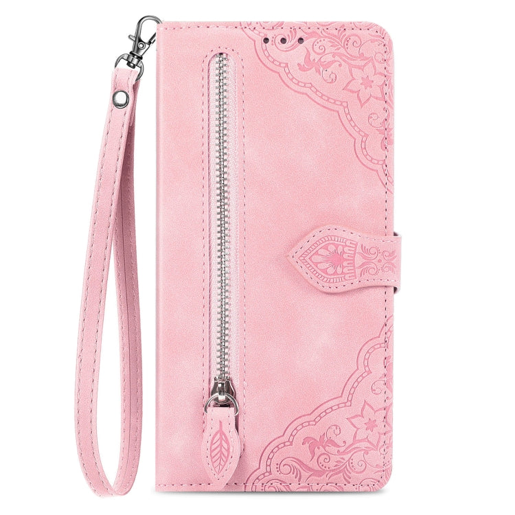 For Google Pixel 9 Embossed Flower Zipper Leather Phone Case(Pink) - Google Cases by PMC TechLife | Online Shopping South Africa | PMC TechLife | Buy Now Pay Later Mobicred